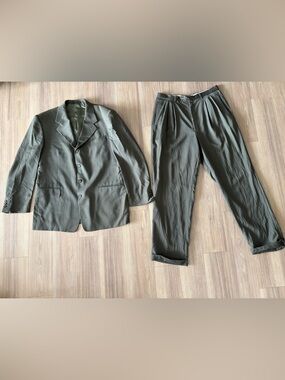 VTG Claudio Morelli Suit 2 Piece Blazer Pants Tie Olive Green Wool Mens 44T 38T